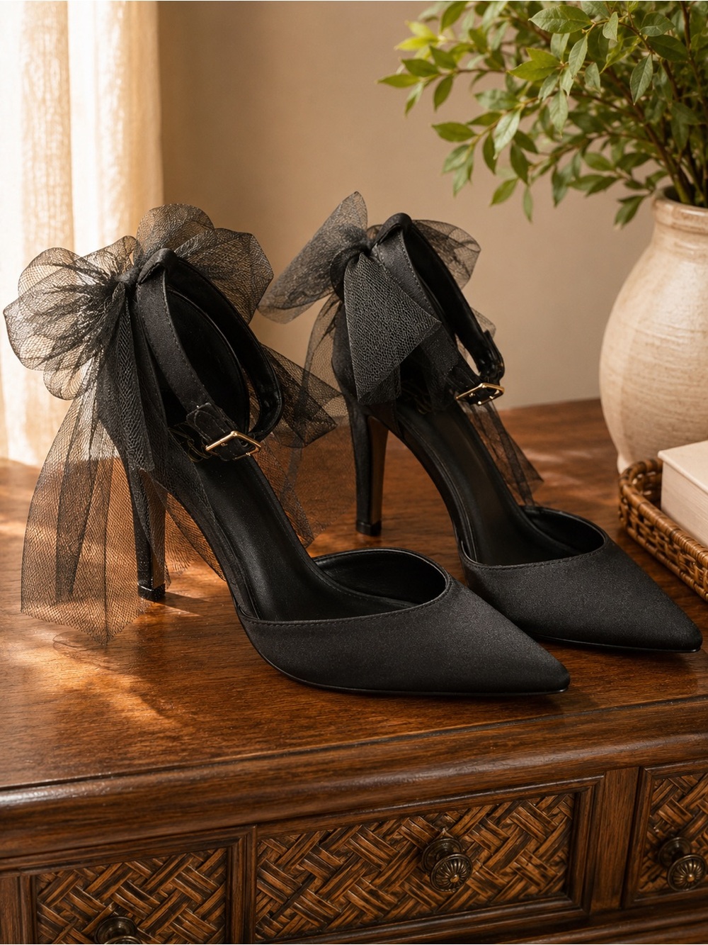 NY&C Black Satin Bow Tie Heels Size 7.5 | Coquette Party Pumps